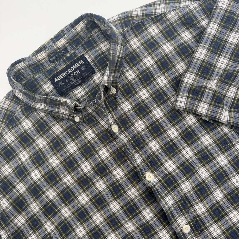 Abercrombie & Fitch Mens Large Biggest Shirt Plaid Short Sleeve Button Down Blue